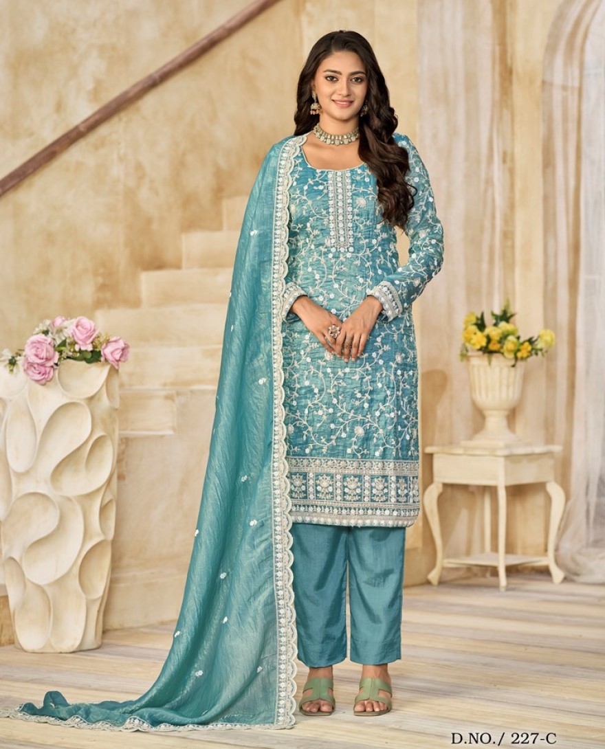 227-blue - Crush Straight Suit with Embroidered Work in Aqua Blue for Ceremonial